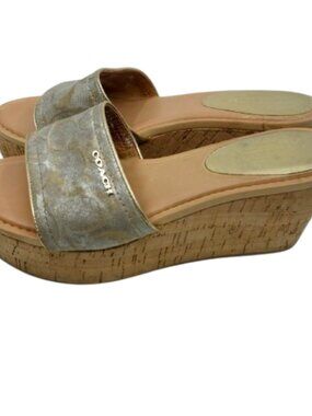 COACH~Joanne~Slide Wedge Sandals Platform Heels Shoes Gold Beige Cork IOB SZ 8.5